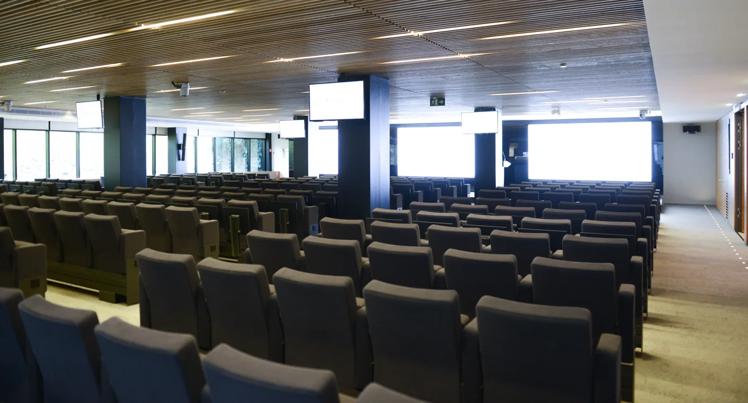 Auditorio con butacas, pantallas de proyección y sonorización distribuida.